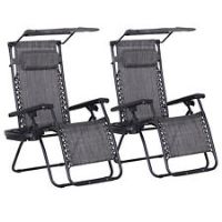 Outsunny 2 Piece Zero Gravity Chairs Adjustable Patio Lounge w/ Cup Holder Grey