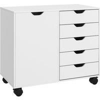 HOMCOM Lateral Filing Cabinet, 5-Drawers File Cabinet with Door and Adjustable Shelf, Mobile Office Storage Cabinet on Wheels, Printer Stand for Home Office, White