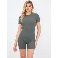 In The Style Fits Khaki Ribbed Sculpt And Control Crew Neck Short Sleeve Short Unitard