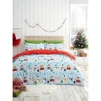 Fusion - Christmas Snowman Duvet Cover - Double Bedding Size (200 x 200cm) - Reversible (2 Designs) - 2x Pillowcases - Snowflake Duvet Cover in Duck Egg/Red - Snowman Christmas Bedding for Kids/Adults