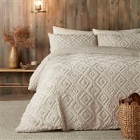 Fusion - Natural Cream Teddy Fleece Duvet Cover - Single Bedding Size (140 x 200cm) - Reversible Design - Linen Beige Jacquard Duvet Cover - Geometric Square Tufted Bedding - Soft & Cosy Fleece