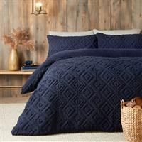 Fusion - Navy Blue Teddy Fleece Duvet Cover - Single Bedding Size (140 x 200cm) - Reversible Design - Dark Blue Jacquard Duvet Cover - Geometric Square Tufted Bedding - Soft & Cosy Fleece