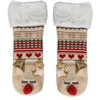 Loungeable Reindeer 3D Fairaisle Sock - Brown