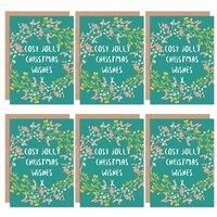 Christmas Cards 6 Pack - Cosy Jolly Wishes Mistletoe Set Xmas Cards