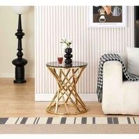 SleepOn Sleep on Jasmine Round Geometric Design Gold Metal Side Table With Tinted Glass Tempered Top