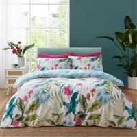 Catherine Lansfield Aruba Tropical Floral Reversible Double Duvet Cover Set with Pillowcases Green