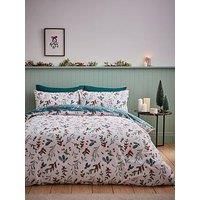 Catherine Lansfield Brushed Christmas Holly And Mistletoe Duvet Set- King - White/Green