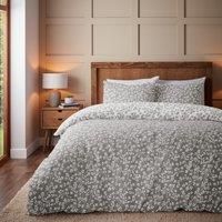 Catherine Lansfield Brushed Grace Floral Leaf Cotton Reversible Single Duvet Cover Set with Pillowcase Grey