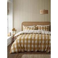 Catherine Lansfield Brushed Seersucker Gingham Reversible King Duvet Cover Set with Pillowcases, Caramel