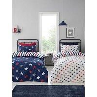 Catherine Lansfield So Soft Stripes and Stars Single Duvet Cover Set with Pillowcase, Two Pack, White Blue