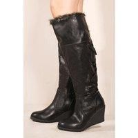 'Bridget' Wedge Heel Mid Calf High Boots With Fur & Lace Up Detail