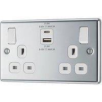 LAP 13A 2-Gang SP Switched Socket + 3A 22W 2-Outlet Type A & C USB Charger Polished Chrome with White Inserts (572PN)