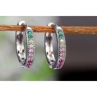 Rainbow Zircon Diamond Hoop Earrings - Silver