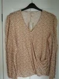 FAT FACE BETHANY  BEIGE 70'S FLORAL JERSEY WRAP BLOUSE TOP UK 22-24, EUR 50-52