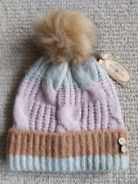 FAT FACE Pink Grey Camel SUPERWARM Block WOMENS BOBBLE Pompom Hat TAGS ffbox