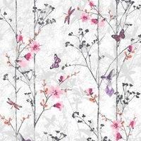 Muriva Eden Wallpaper 102550 - Feature Wall Floral Butterfly Bird Foliage Pink