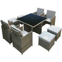 RayGar Hestia 9 Piece 8 Seater Rattan Cube Dining Table Garden Furniture Patio Set With Parasol Hole (Grey/Grey)