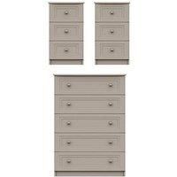 Reid 3 Piece Ready Assembled Package  5 Drawer Chest And 2 Bedside Cabinets