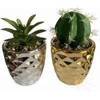 Leaf Set of Two Ceramic Planters with Artificial Succulent Plants, Silver and Gold, 15cm