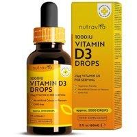 Vitamin D3 Drops 60ml (2000 Drops) – Vitamin D 1000IU per Drop – Flexible Dose of Liquid Vitamin D Supplement – Supports Normal Bones, Immune System & Calcium Absorption - Made by Nutravita