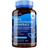 Men's Multivitamins and Minerals - 27 Essential Active Vitamins and Minerals Including Maca Root and Panax Ginseng - 180 Vegan Tablets - No Synthetic Fillers or Binders - Made in The UK by Nutravita