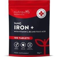 Iron Tablets High Strength 14mg – 180 Vegan Iron Tablets, 6 Month Supply - High Absorption Iron Supplements for Women & Men - with Vit C, B12, Folic Acid - Reduction of Tiredness & Fatigue - Nutravita