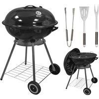 MYLEK Charcoal Barbecue Kettle Portable Grill BBQ with Thermometer Temperature Gauge, Lid & 3 Cooking Utensils - 22" Cooking Area