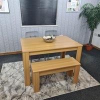 Dining Table and 2 Grey Velvet Chairs With Bench Oak Effect Wood Dining Room