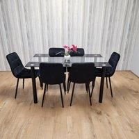 KOSY KOALA Black Clear Glass Dining Table With 6 Black Tufted Velvet Chairs Kitchen Dining Set