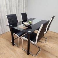 Dining Table Set of 4 Black Clear Table and Faux Leather Padded Chrome Black White Kitchen Chairs Dining Sets