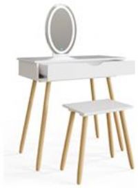 GFW Signy Dressing Table Set White. Make Up & Hair Vanity Table With Drawer, Large Round Mirror with LED Lighting. Stool included Modern Makeup Desk For Bedroom, H124 x W80 x D40cm. White/Oak