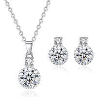 Round Crystal Necklace And Earrings Set - Silver