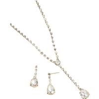 Crystal Tear Drop Necklace&Earrings Set - Silver