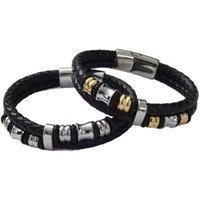 Men'S Leather Bead Bracelet - Silver