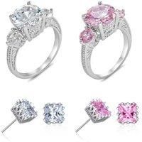 3 Stone Crystal Ring And Earrings Set - Silver