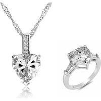 Crystal Heart Pendant And Ring Set - Silver