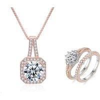 Halo Pendant And Double Ring Set - Rose Gold