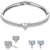 Heart Crystal Bangle And Earrings Set - Silver