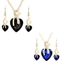 Crystal Heart Necklace Earrings Set - Black