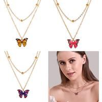 Double Row Butterfly Pendant Necklace - Yellow