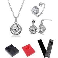 Crystal Necklace Earrings Ring Tri-Set - Silver