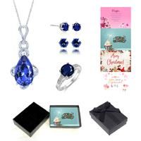 Necklace Ring And Earrings Tri-Set+Box - Blue