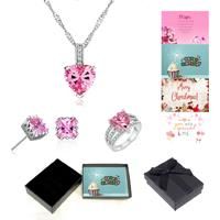 Necklace, Earrings, Rings Tri Set + Msg - Pink