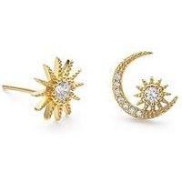 Gold Sun and Crescent Moon Earrings, Gold Celestial Star Starburst Space Studs