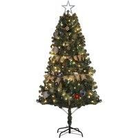 HOMCOM 6 Ft Christmas Tree Pre Lit with a 'Merry Christmas' Ribbon, a Top Star, Pine Cones, Decorative Balls and Light Controller Aosom UK