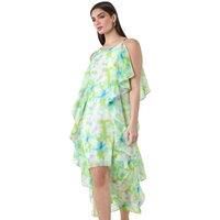 Roman Originals Abstract Chiffon Ruffle Detail Midi Dress for Women UK - Ladies Everyday Holiday Spring Summer Round Neckline Comfy Soft Evening Vacation Work Party - Lime - Size 14