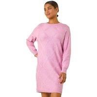 Roman Originals Knitted Jumper Dress for Women UK Ladies Knit Knitwear Autumn Winter Casual Smart Pull On Work Long Sleeves Slouch Relaxed Flattering Over Knee Length V Neck - Pink Pearl - Size 12