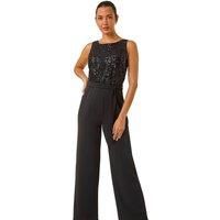 Roman Originals Contrast Sequin Bodice Jumpsuit for Women UK - Ladies Everyday Autumn Winter Round Neckline Comfy Soft Evening Vacation Work Party Night Out - Black - Size 18