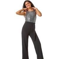 Roman Originals Contrast Sequin Bodice Jumpsuit for Women UK - Ladies Everyday Autumn Winter Round Neckline Comfy Soft Evening Vacation Work Party Night Out - Silver - Size 10