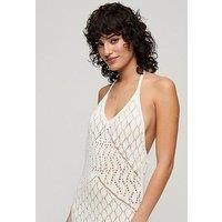 Superdry Women/'s Crochet Neck Strap Maxi Dress, Desert bone wool white, 14